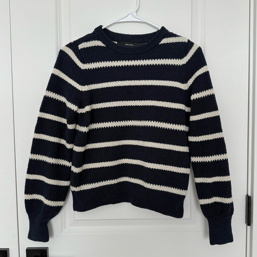 Navy Blue and White Striped Knit Crewneck Sweater